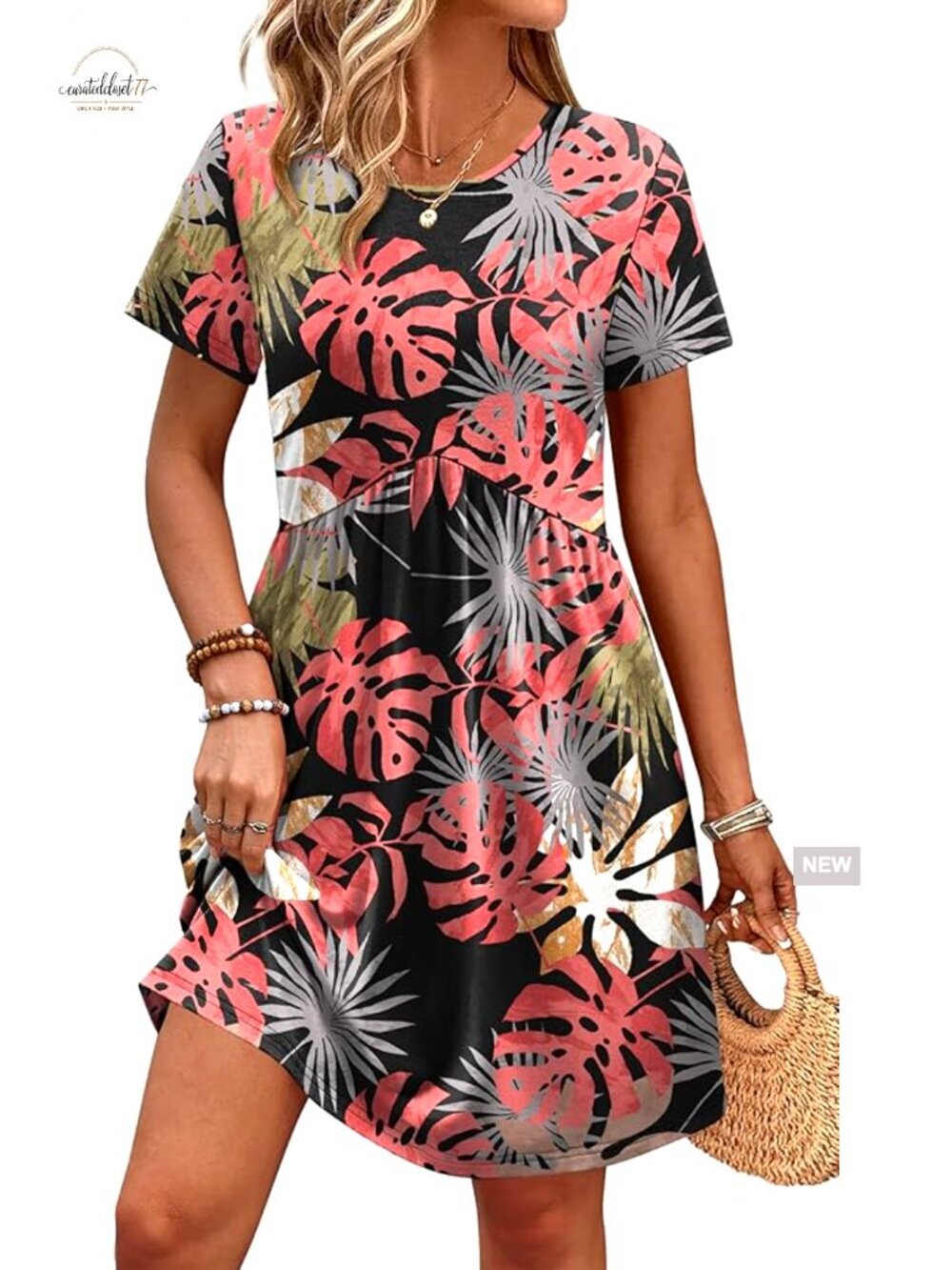 Short Sleeve Maternity Dress with Pockets, Empire Waist Casual Spring Summer